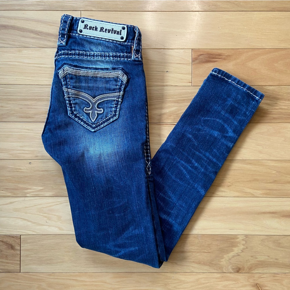 Rock Revival Sharon Skinny Jeans Womens 25 Reg Low Rise Distressed Dark Wash Den